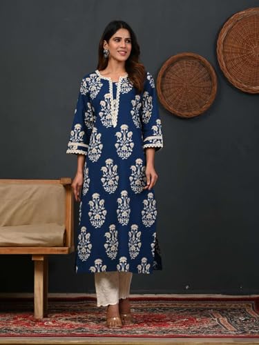 Image of Rimeline Women's Cotton Printed Kurta with Lace Yoke Detail | Elegant Straight Fit Ethnic Wear for Office, Casual & Daily Styling