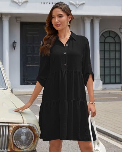 Bsubseach Womens Summer 2025 Casual Midi Dresses Button Down 3/4 Sleeve Ruffle Dress Boho Beach Vacation Sundress3