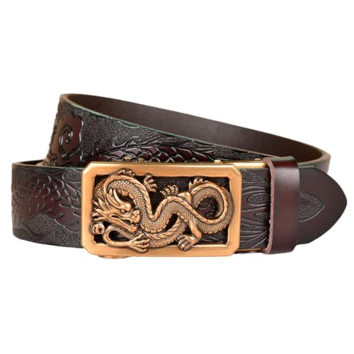 Unisex Western Cowboy Ratchet Belt With Hollow Dragon Gold Automatic Slide Buckle - Adjustable To Fit