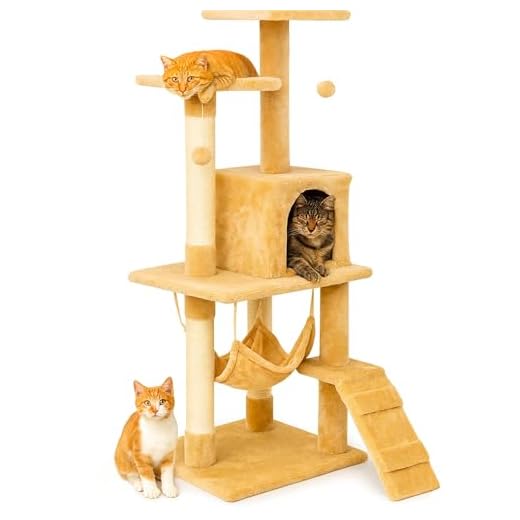 Edipets, Rascador para Gatos, Arbol Gato, 3 Niveles, 56x120x58cm, Alto, Postes de Sisal, Hamaca, con Cama, Caseta, Suave, con Bolas para Jugar (Beige)