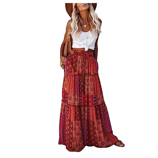 EARKOHA Womens Casual High Waist Tiered Paisley Print Long Maxi Skirt with Pocket