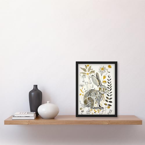 Artery8 Bunny Rabbit Flowers Yellow Grey Bright Folk Art Living Room Artwork Framed Wall Art Print A4 – vue 4
