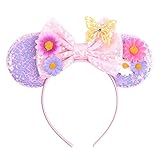 YOWOCAL Mouse Ears Butterfly Flower Headband,Sequin Bows Cosplay Costume Pink Mouse Ears Headwear for Women Girls Princess Party Halloween Spring Holiday Decorations Hair Accessories Gifts
