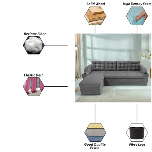 Image of Casaliving Grance LHS 6 Seater Corner Sofa Cum Bed with Storage for Living Room (Dark Grey Fabric) Premium Fabric Sofa Sett