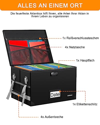 JUNDUN Akten Organizer Box mit Schloss, Zusammenklappbare Feuerfeste Dokumentenbox mit Wasserabweisendem Reißverschluss und Deckel, Tragbare Dekorative Hängeregistraturbox für Zuhause/Büro
