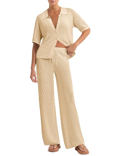 Tankaneo Womens Summer 2 Piece Swimsuit Cover up Crochet Knit Cardigan Tops Long Pants Bathing Suit Beach Outfit