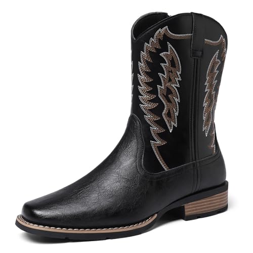 Mens Cowboy Boots Square Toe Classic Embroidery Western Boot for Men Slip Resistant Durable