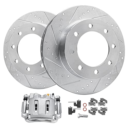 Image of Detroit Axle - Front Drilled Brake Rotors Passenger Side Brake Caliper Replacement for Ford F-250 F-350 Super Duty - 3pc Set