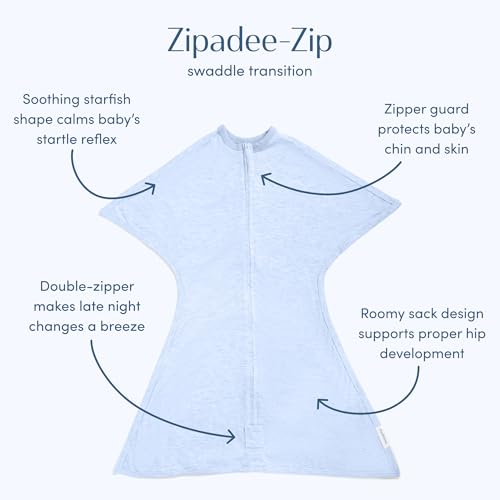 Image of SleepingBaby Zipadee-Zip Transition Swaddle - Cozy Baby Swaddling Blanket with Zipper Convenience - Roomy Wearable Blanket for Easy Diaper Changes - 3-6 Month - Baseline Blue Heather