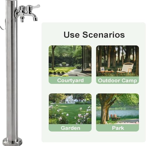 Columna de agua de acero inoxidable para exteriores, dispensador de agua para jardín con grifo y soporte para manguera, fuente de agua cuadrada para césped, parques y baños, 60 cm