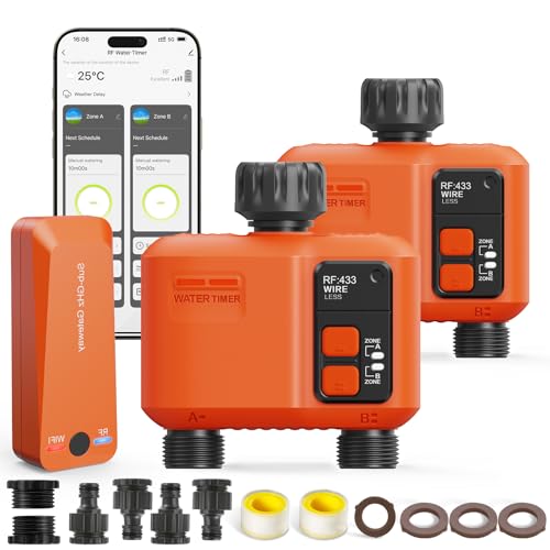 2 Timer Irrigazione WiFi con Gateway per Tubo Giardino (300m Portata) - Controllo App/Voce, 2 Zone, Ritardo Pioggia, Modalità Manuale per Aree Grandi