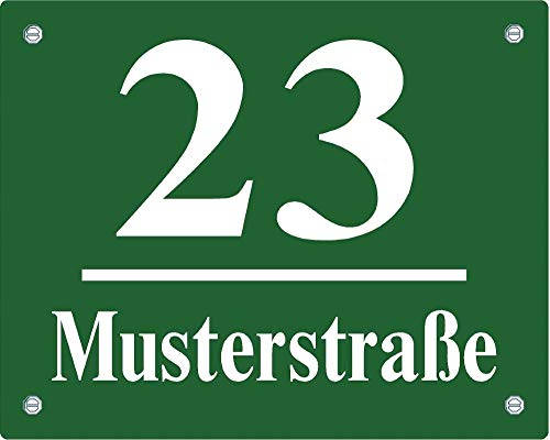 Hausnummernschild - Format 200 x 160 mm - Hausnummer - Emaille - Keramik - Wetterfest - Türschild. Farben: Blau Grün Anthrazit Weiß Zahl und Straßenname nach Wunsch. J.Pfaffenzeller