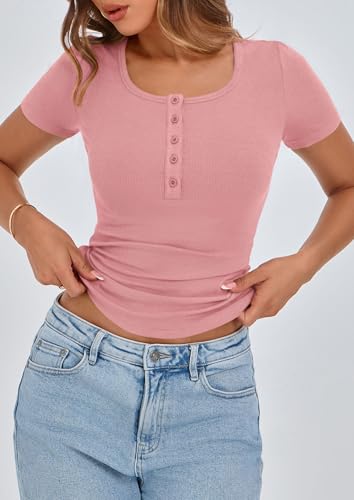 PRETTYGARDEN Women's 2025 Fall Summer Short Sleeve Tops Ribbed Henley Button Slim Fit Basic Casual T Shirts Blouse Clothing - Image 6
