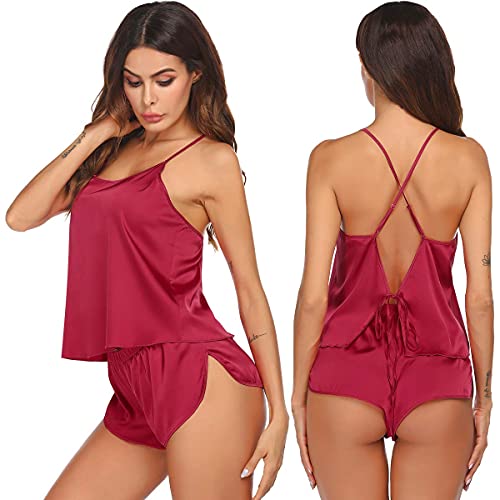 Ekouaer Pajamas Set Sexy Sleepwear Womens Silk Lingerie Sexy Back 2 Piece Satin Cami Shorts Set PJS
