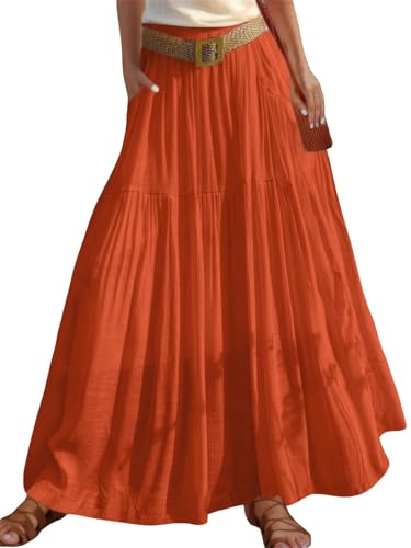 ebossy Women's Casual Boho Elastic Waist Cotton Linen A-Line Maxi Skirts Soft Swing Beach Long Skirt with Pockets