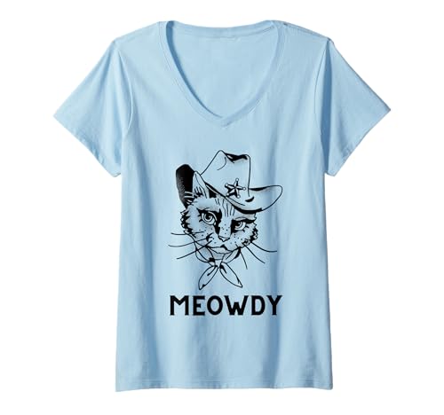 Donna Meowdy Divertente Meow Howdy Cowboy Sceriffo Gatto Mashup Umorismo Gioco di parole Maglietta con Collo a V