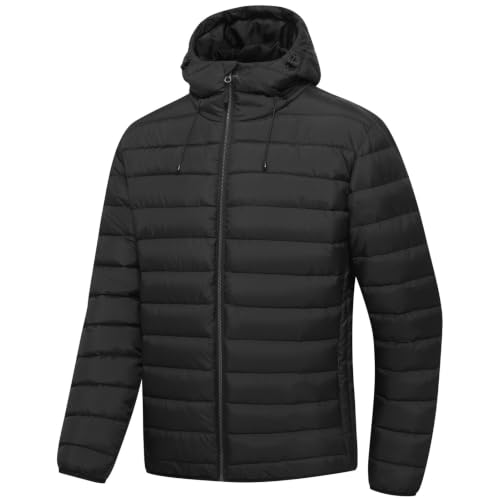 Image of Men's Lightweight Puffer Hooded Jacket Water Resistant Full Zip Insulated Warm Winter Coats