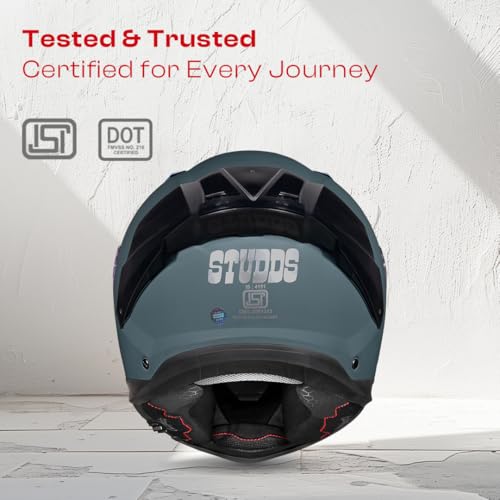 Image of STUDDS Helios ISI and DOT Certified Full Face Helmet with Antifog 100 Lens, Sporty Spoiler (Shark Skin MATT Blue - L)