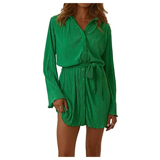 LYANER Women's Collar V Neck Button Down Pleated Long Sleeve Mini Shirt Dress with Belt Green Small