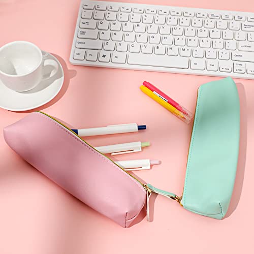 Image of KALIONE 2 Pcs PU Leather Small Pencil Pouch, Small Pen Pencil Stationery Pouch Bag Slim Design Zipper Pencil Pouch for Pens, Pencils, Markers(Green&Pink)