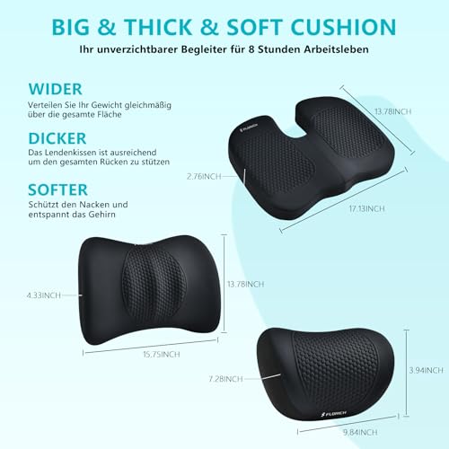 Image of FLORICH 3 PCS Seat Cushion for Carseat Lumbar Support Pillow Car Neck Headrest Pillows Memory Foam Gel Memory Foam Massage Point Seat Pads Pressure Relief Back Cushion for Office Chair(Black)