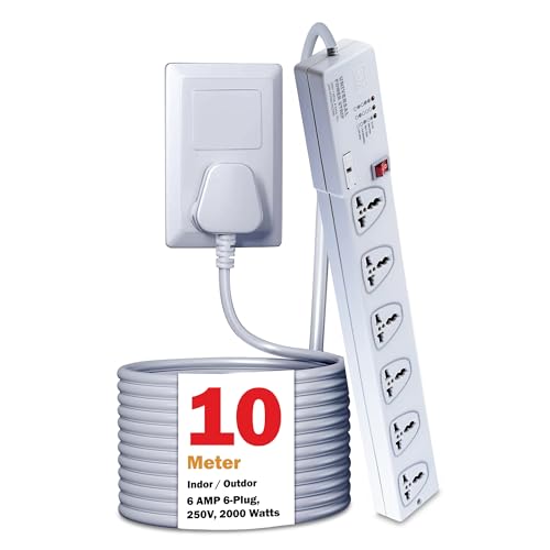Image of MX 6‑Outlet Power Strip Extension Cord 10 m - Universal International Socket, Master Switch, Surge‑Protected Board for Home & Office (5 A)