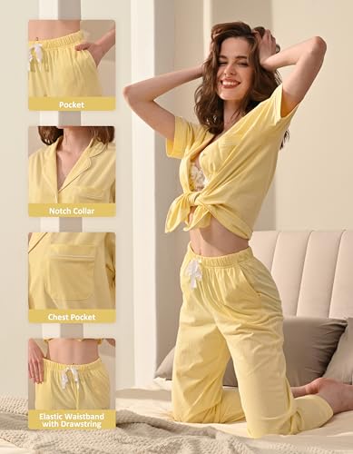 Image of NAP BOUND 100% Cotton Women's Pajama Sets Short Sleeve Button Down Soft Pjs 2 Piece Lounge Set with Pocket Nightwear XS-XXL