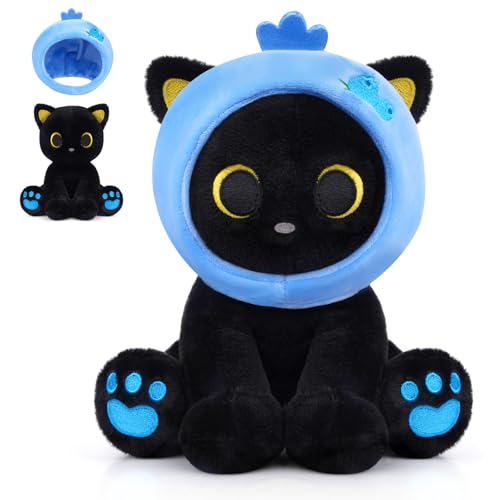 MUFEIRUO Schwarze Katze Plüschtier mit Blaubeer-Kopfhaube,Katze Plüsch Stofftier mit Abnehmbare Kapuze,Kuscheltier Geschenk zum Geburtstag,Halloween,Weihnachten