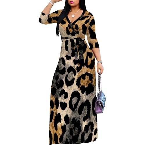 Image of Women Plus Size Long Sleeve V Neck Maxi Dress with Belt | Soft fabric relaxed fit three quarter sleeve v neck with pockets for party and daily wear