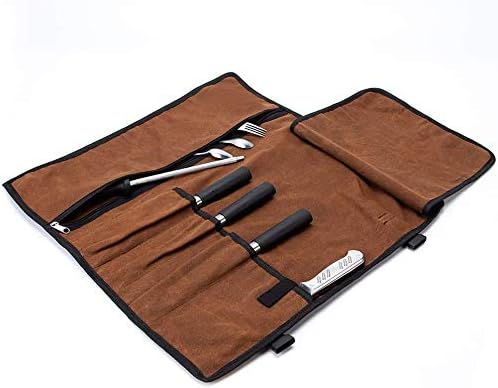 HANSHI Chefs Knife Roll, 5 Pockets Knife Bag,Waxed Canvas Roll Up Culinary Bag,Professional Cutlery Storage Case, Portable Knife Tool Roll Bag, Multi-Purpose Knife Cover For Cooking, Camping