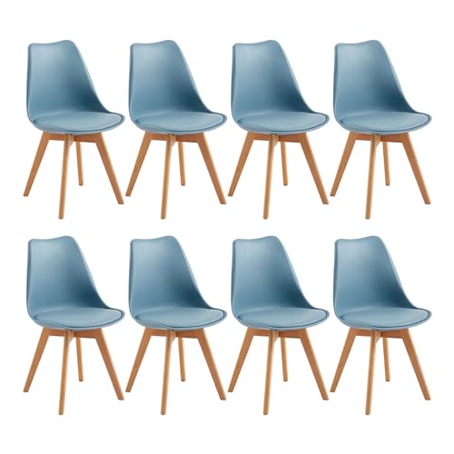 EGGREE Pack 8 Sillas de Comedor Sillas Cocina Nordica con Asiento Tapizado de Cuero PU y Patas de Haya, Morandi Azul Claro