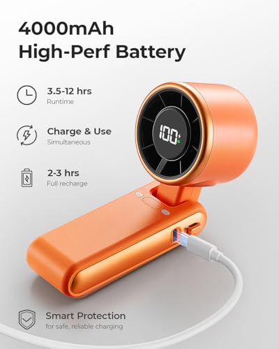 Image of Portable Handheld Turbo Fan - 5 Gear High Speed 4000mAh Rechargeable Mini Personal Hand Fan Blow Cold Air, Battery Operated Travel Essentials, Gifts for Women, Men (Cosmic Orange)