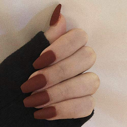 Relbcy Matte Coffin Fake Nails Brown Press on Nails Medium False Nails Ballerina Full Cover Nail for Women and Girls (24 PCS)