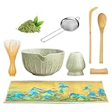 Matcha-Set - 8pcs Matcha Besen Set Matcha Schale Matcha Tea Set Zubehör mit Matcha-Schneebesen, Besen Halter, Auslauf Matcha Sieb,Teelöffel und Teetuchunterlage,Matcha Tee Set für Liebhaber Einsteiger