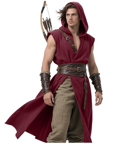 LVOW Renaissance Hooded Tunic Mens Medieval Sleeveless Vest Cloak for Viking Costume LARP Halloween Knight Cosplay Burgundy L