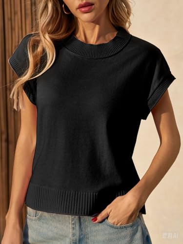 Image of Saodimallsu Womens Cap Short Sleeve Sweater Vest Summer Casual Crew Neck Loose Knit Lightweight Pullover Tank Tops