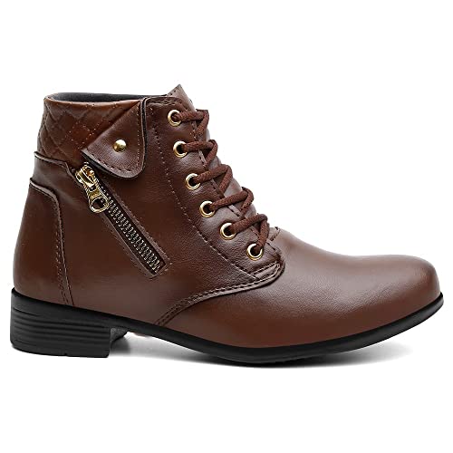 Coturno Feminino Salto Baixo Bota Botinha Cano Curto Zíper Confort - Café/37