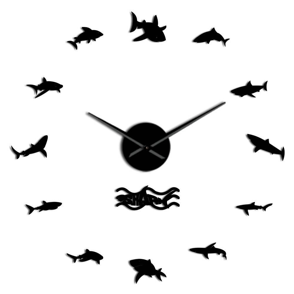 Horloge Murale sans Cadre 3D Requin Noir 47 Pouces en Acrylique Moderne