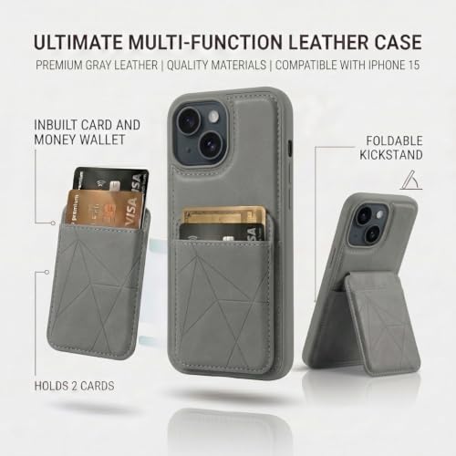 Image of amazon basics Premium Vegan Leather Back Cover with Card Holder and Integrated Mobile Stand for iPhone 15 - Slim Shockproof Wallet Case with Geometric Stitching [Gray]