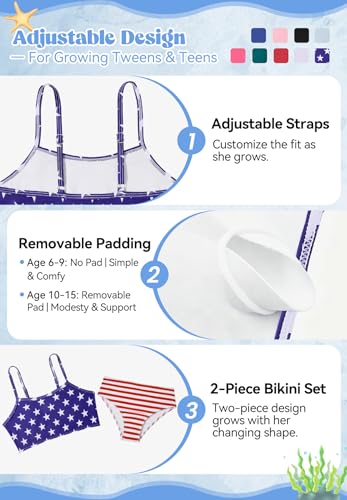 Image of Zando 2 Piece Ribbed Swimsuits for Teen Girls Kids Size 6-15 Years High Waisted Solid Cute Bikini for Summer Beach Wear