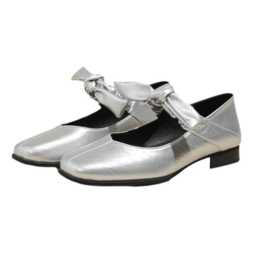 Women's Mary Jane Flat Shoes, with a Closed Square Toe and Ballet Flat Design, Featuring a Bow Strap for a Dressy Look and Comfortable Slip-On Dress Shoes