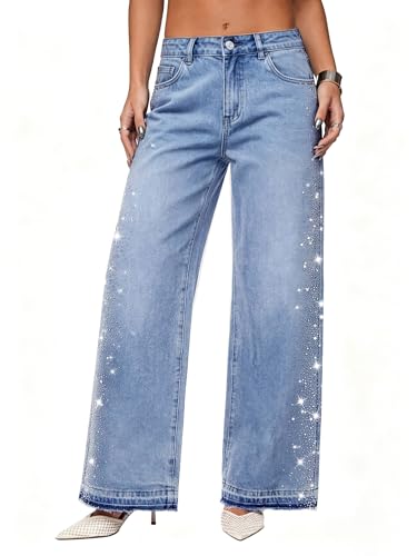 EMMIOL Rhinestone Wide Leg Jeans for Women High Waisted Blue L