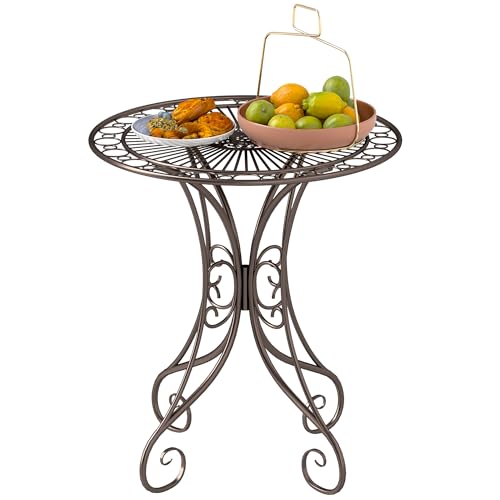 Outsunny Mesa de jardín Redonda Ø 85 cm, Mesa de terraza con armazón de Metal, Capacidad de Carga 50 kg, para Interior y Exterior, para balcón, Porche, marrón