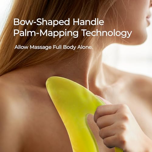 Image of Scienlodic Gua Sha Massage Tool with Handle (Resin) Larger Guasha Body Scraping Tool for Back Legs Neck Massage, Lymphatic Drainage, Cellulite Remove - Large Yellow-Green