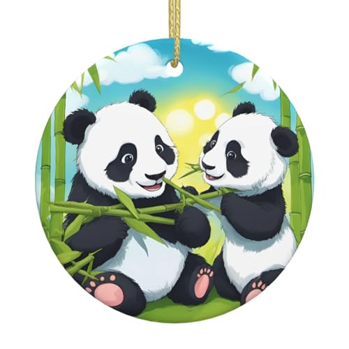 Decoración colgante de cerámica, exquisito patrón de dos pandas felices para hogares, tiendas, centros comerciales