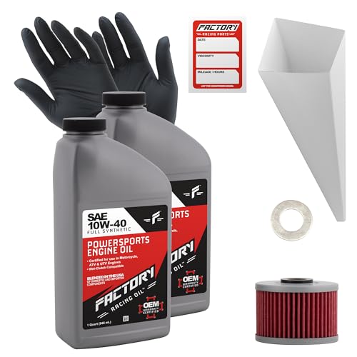 Factory Racing Parts Oil Change Kit compatible with Kawasaki KLX110 KLX140 – Includes 2 Quarts of SAE 10W-40 Full Synthetic Oil, 1 Filter, 1 Crush Washer, 1 Funnel, 1 Oil Change Reminder Sticker