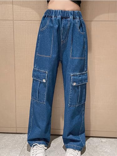 Aislor Kids Girls Distressed Washed Baggy Wide Leg Cargo Jeans Elastic Waist Denim Pants Casual Loose Denim Trousers2