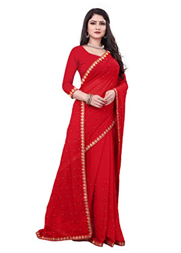 Image of Fashion Day Soft Georgette Embroidery Lace Border Stone Work Saree for Women with Unstitched Blouse Piece