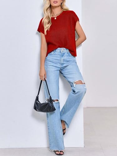Image of Saodimallsu Womens Cap Sleeve Crop Tops Summer Trendy Going Out Crew Neck Loose Knit Cropped Sweater Vest Tank Top