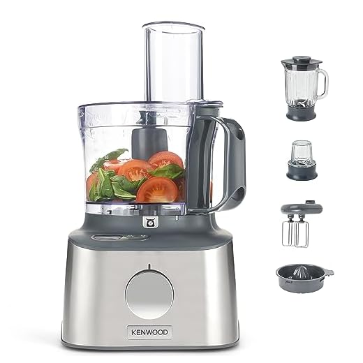 Kenwood Multipro Compact+ FDM313SS Kompakt-Küchenmaschine, 2,1 Liter, Integrierte Waage, Edelstahl Messer, 3 Arbeitsscheiben und 6 weitere Zubehör-Teile, Metallgehäuse, 800 Watt, silber